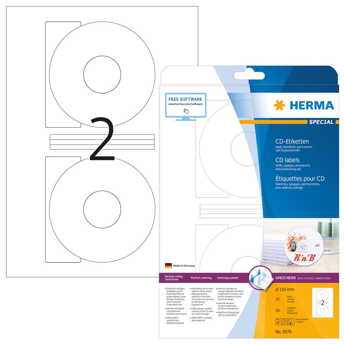 HERMA CD-Etiketten CD-Etiketten, Ø 116 mm 5079 weiß 50 Etiketten